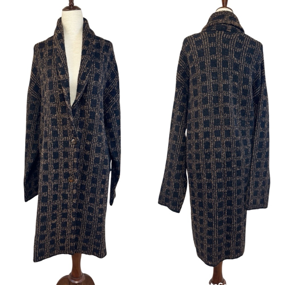 SALTWATER LUXE Long‎ Cardigan Sweater Jacket Coat Large Black Brown Wool Alpaca